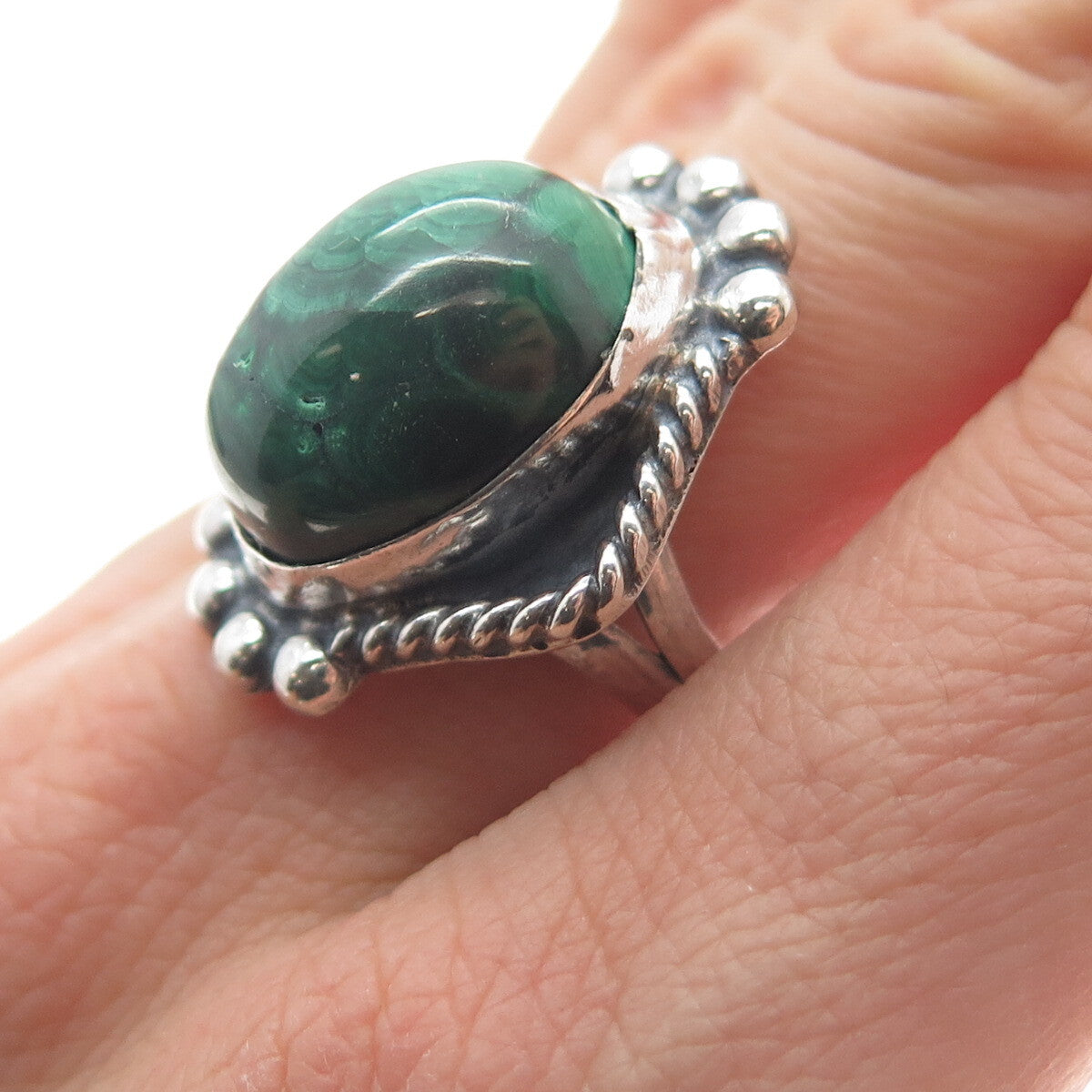 Old Pawn 925 Sterling Silver Vintage Southwestern Malachite Tribal Ring Size 8.5