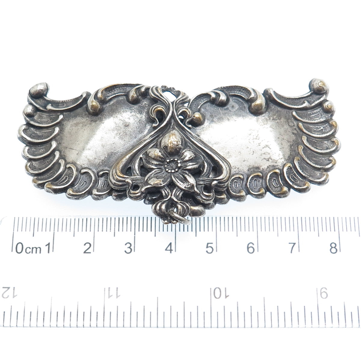 Silver-Tone Antique Art Deco Repousse Flower & Wings Oxidized Belt Buckle