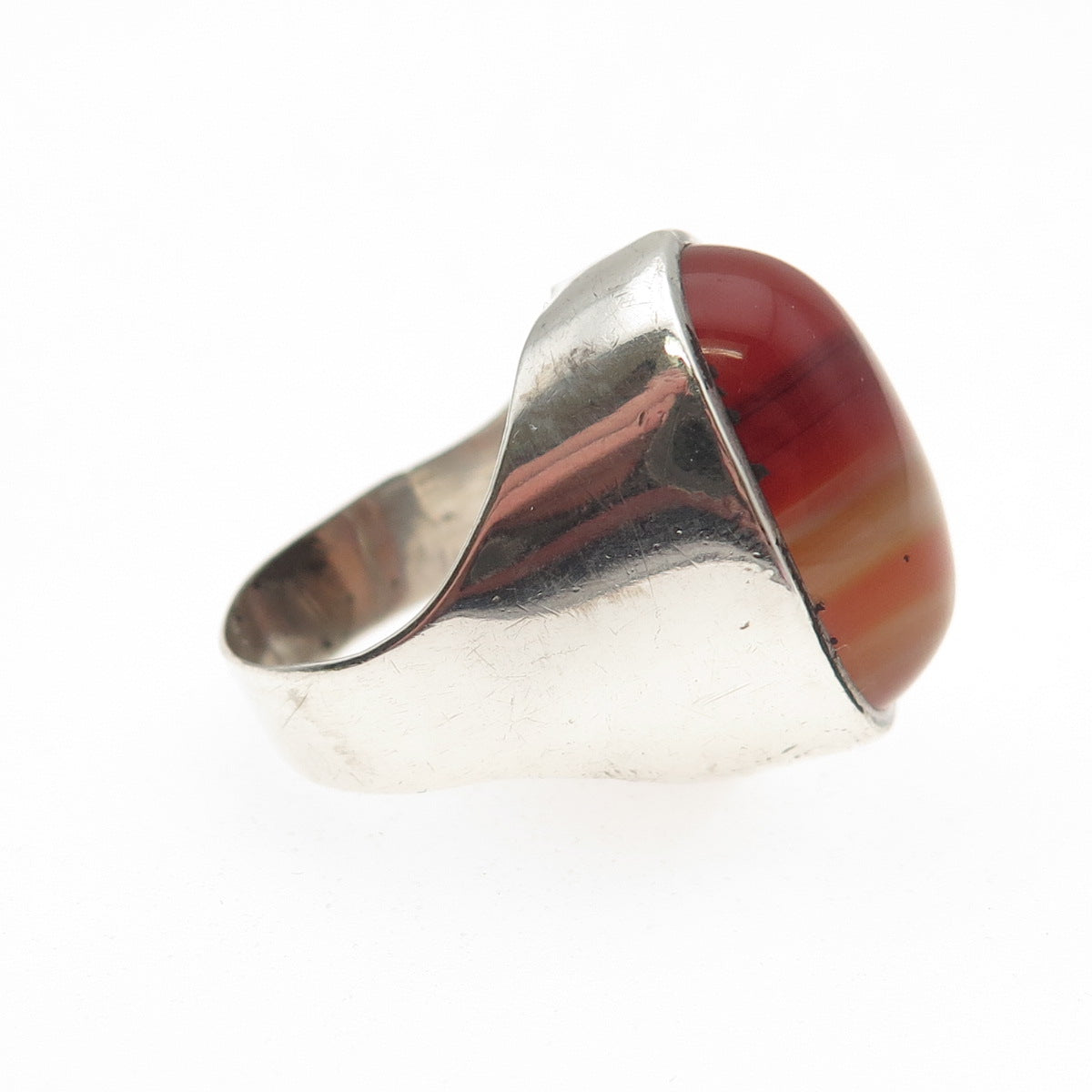 925 Sterling Silver Vintage Real Cabochon Agate Modernist Ring Size 4.5