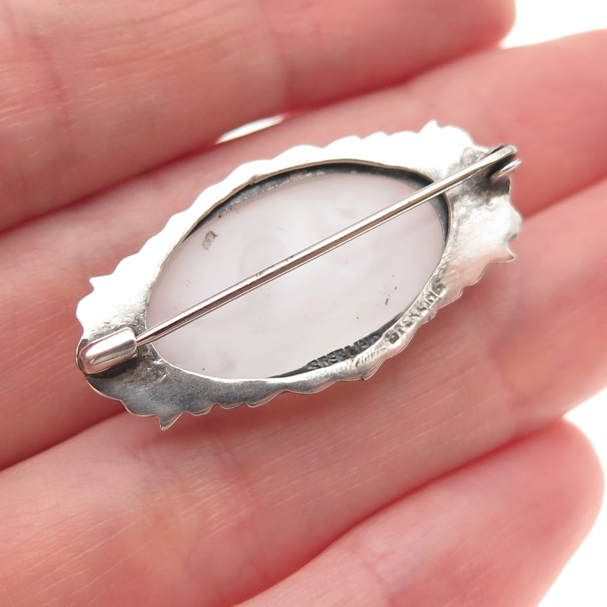 925 Sterling Silver Antique Art Deco Camphor Frosted Glass Floral Pin Brooch