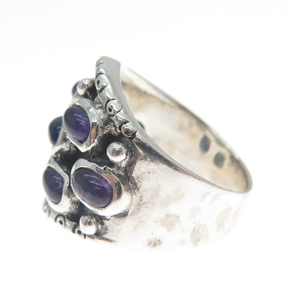 925 Sterling Silver Vintage Real Amethyst Modernist Oxidized Ring Size 6.5