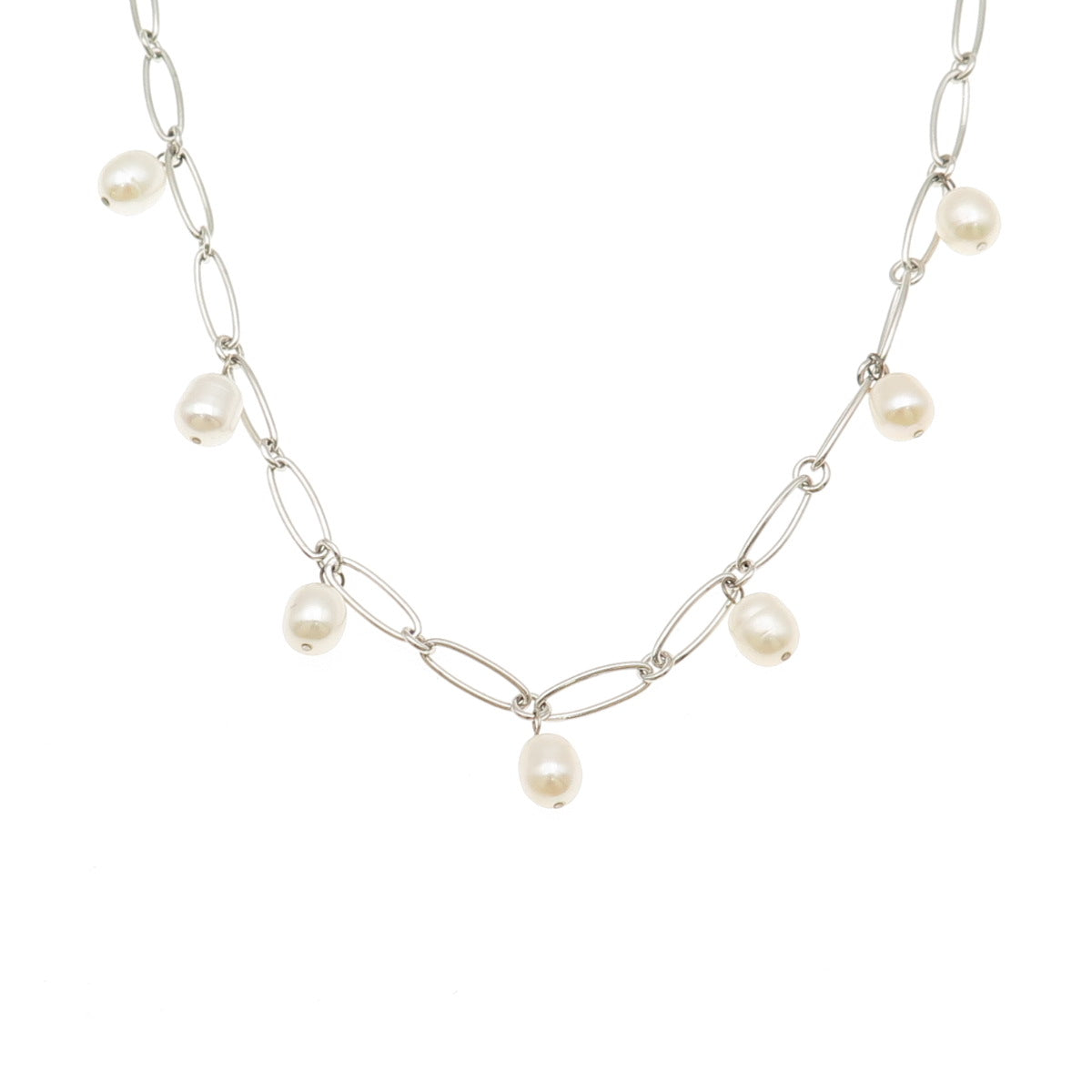925 Sterling Silver Real Baroque Pearl Oval Chain Necklace 18"