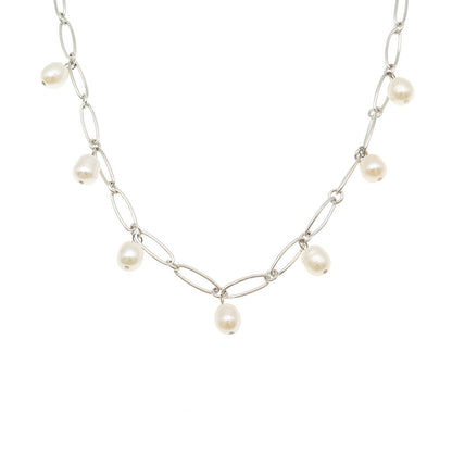 925 Sterling Silver Real Baroque Pearl Oval Chain Necklace 18"