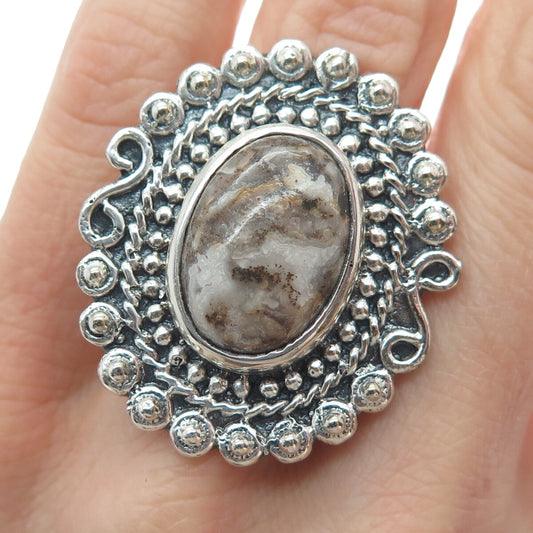 925 Sterling Silver Vintage Real Agate Beaded Floral Oxidized Ring Size 8