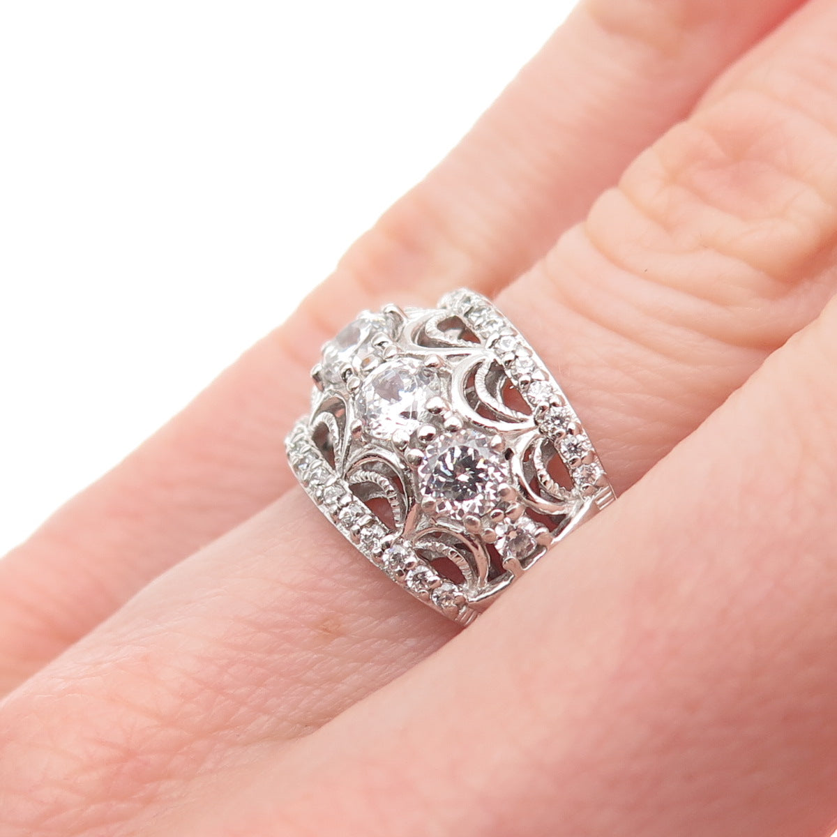 Tacori IV 925 Sterling Silver Round-Cut C Z Filigree Ring Size 6.25