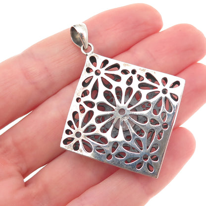 925 Sterling Silver Vintage Real Blue Topaz Floral Oxidized Charm Pendant