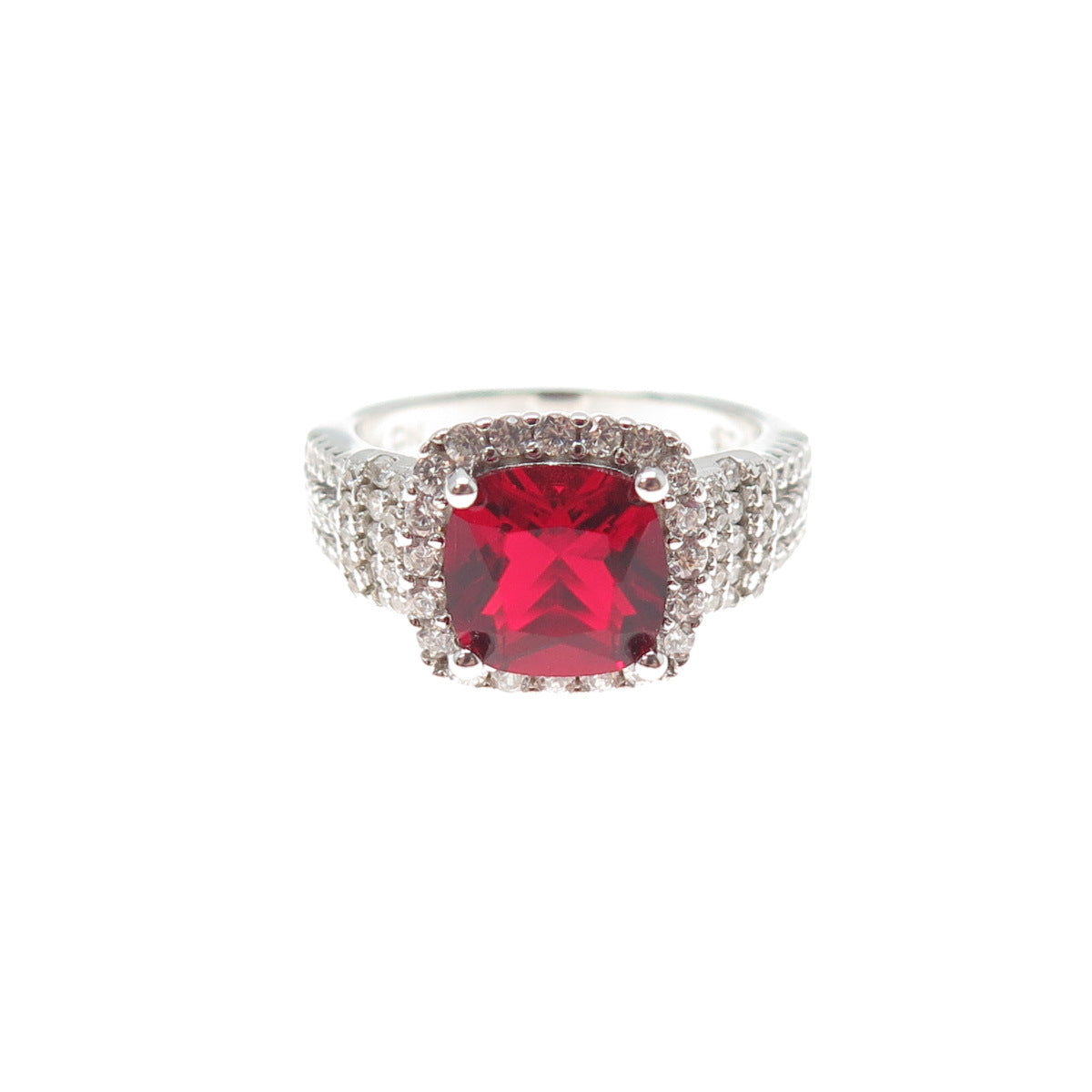 925 Sterling Silver Cushion-Cut Red & Round-Cut White C Z Ring Size 6.25