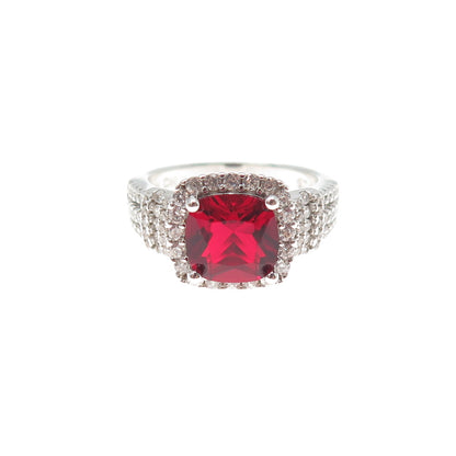 925 Sterling Silver Cushion-Cut Red & Round-Cut White C Z Ring Size 6.25