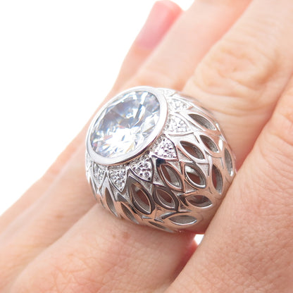 925 Sterling Silver Round-Cut C Z Flower Dome Ring Size 8