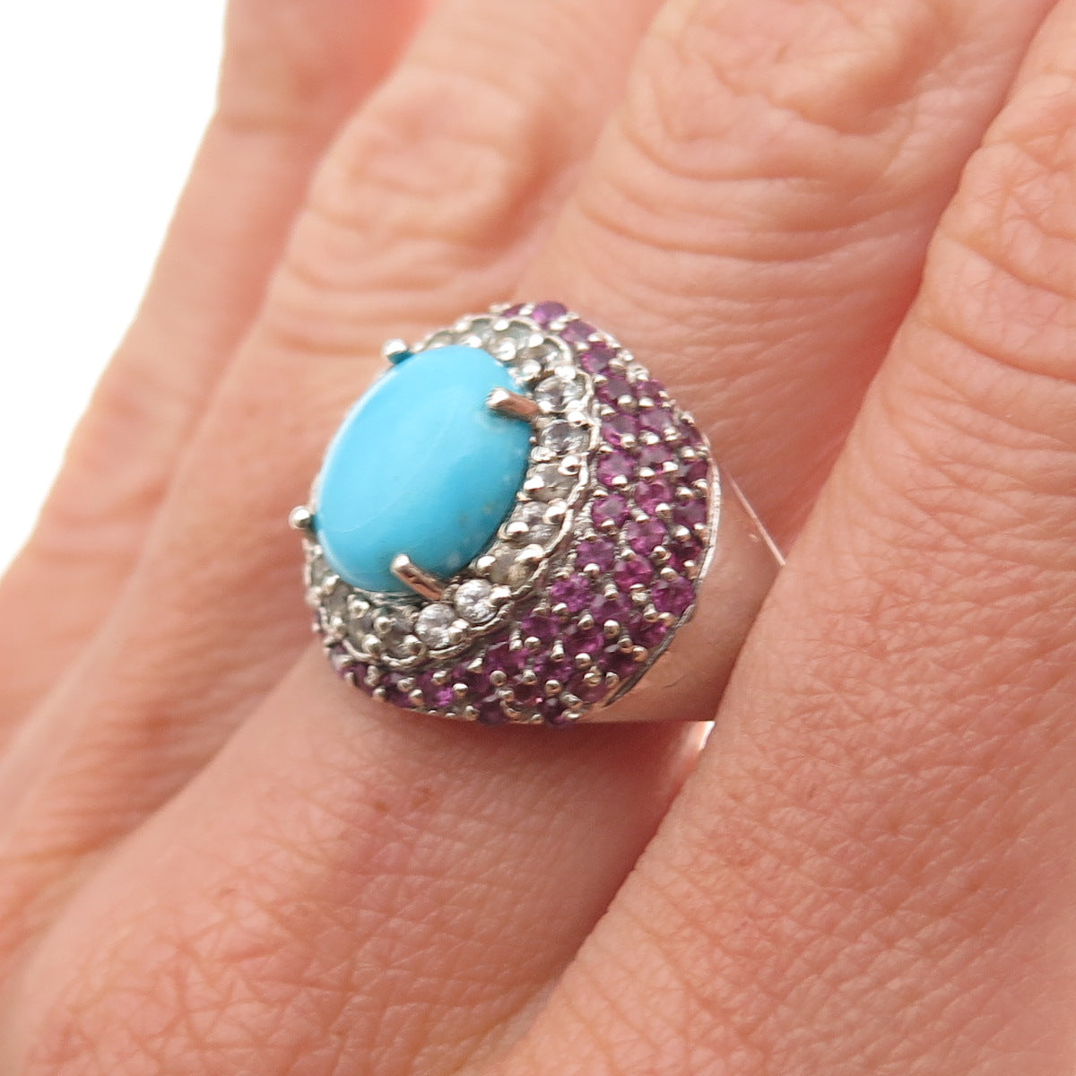 Chuck Clemency 925 Sterling Silver Real Turquoise Amethyst Topaz Ring Size 8.25