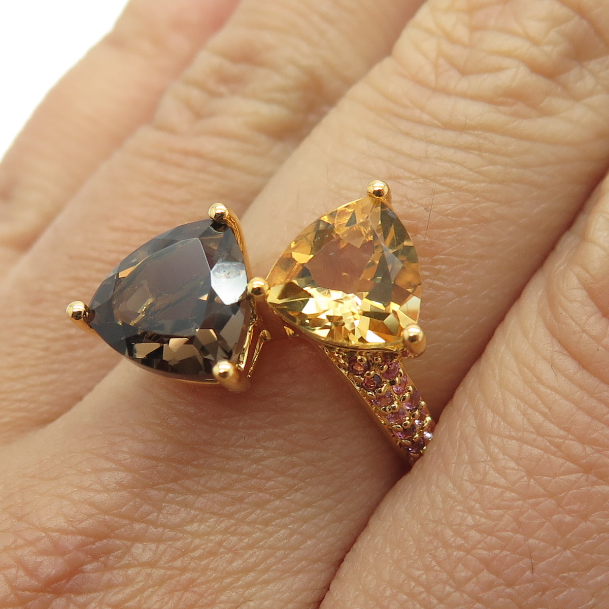 925 Sterling Silver Gold Plated Real Citrine Smoky Quartz & Amethyst Ring Size 7