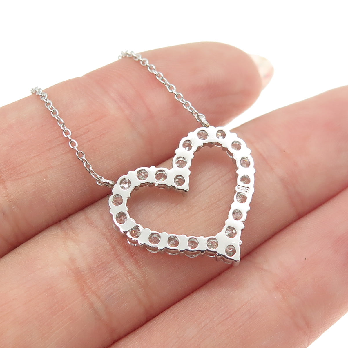 925 Sterling Silver Round-Cut C Z Open Heart Cable Chain Necklace 16-18"