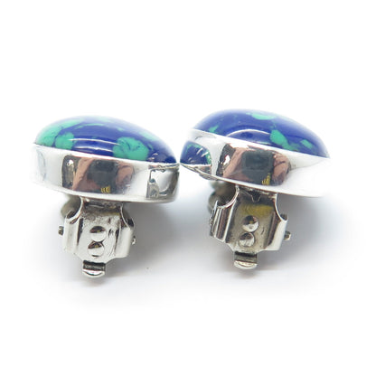 925 Sterling Silver Vintage AIS Mexico Real Azurite Clip On Oval Earrings