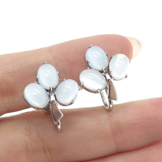 925 Sterling Silver Antique Art Deco Real Opalite Gemstone Screw Back Earrings