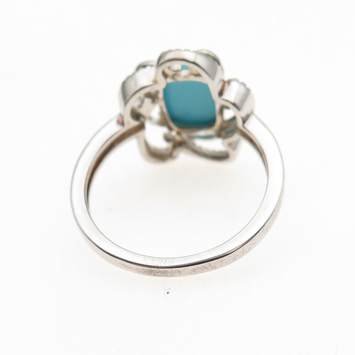 925 Sterling Real Sleeping Beauty Turquoise & White Topaz Floral Ring Size 8