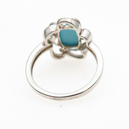 925 Sterling Real Sleeping Beauty Turquoise & White Topaz Floral Ring Size 8