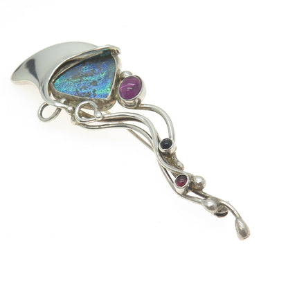 925 Sterling Silver Vintage Roman Glass Amethyst Tourmaline Onyx Brooch Pendant