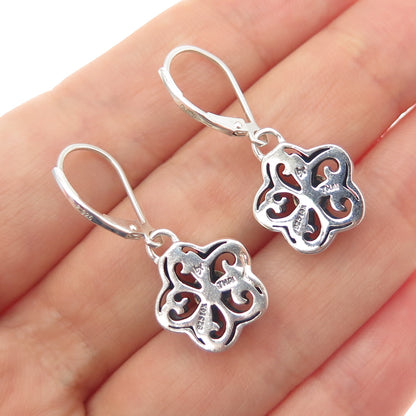 925 Sterling Silver 14K Gold Real Round-Cut Diamond Flower Dangle Earrings