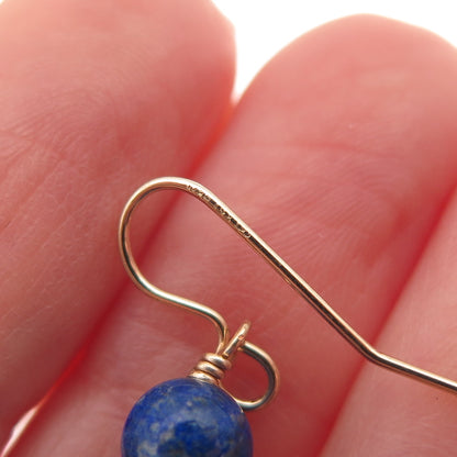 1/20 14K Gold Filled Vintage Real Lapis Carved Ball Beaded Dangle Earrings