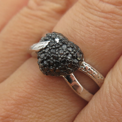 925 Sterling Silver Real Round-Cut Black Diamond Heart Ring Size 8.75