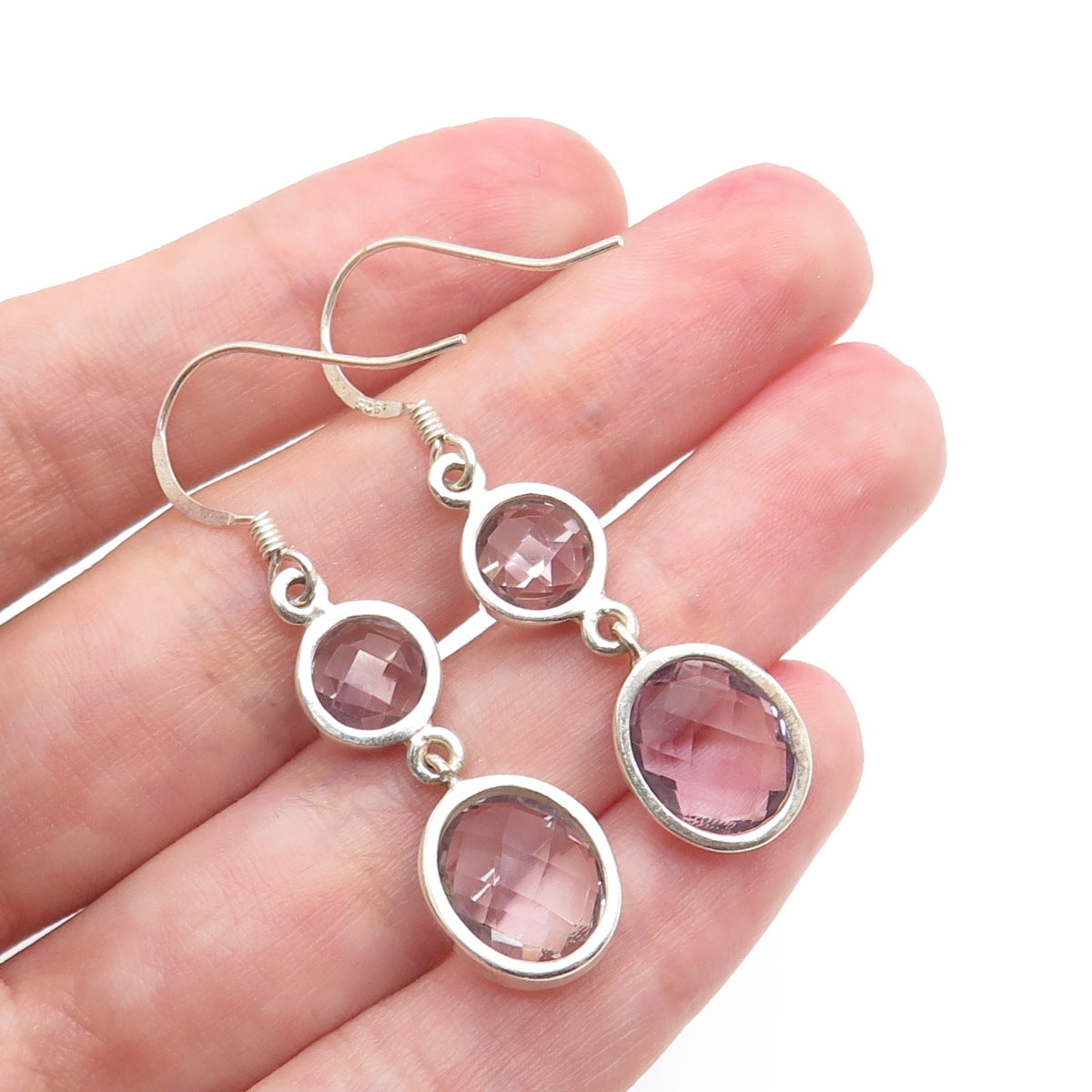 925 Sterling Silver Vintage Real Round & Oval-Cut Amethyst Dangle Earrings