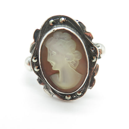 800 Silver Antique Real Marcasite Gemstone Cameo Victorian Lady Ring Size 6.25