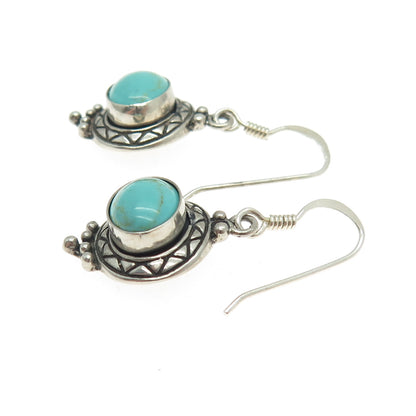 925 Sterling Silver Vintage Real Turquoise Gemstone Ethnic Dangling Earrings