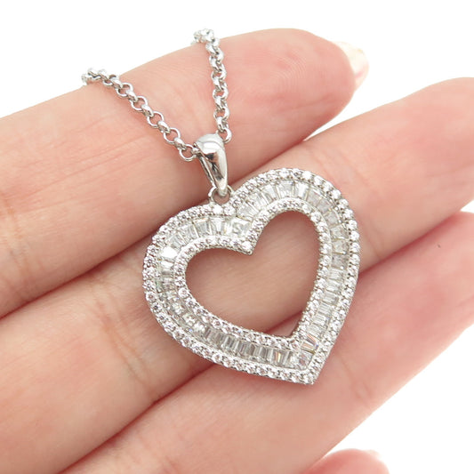 925 Sterling Silver Italy Round & Tapered Baguette-Cut C Z Heart Necklace 16"