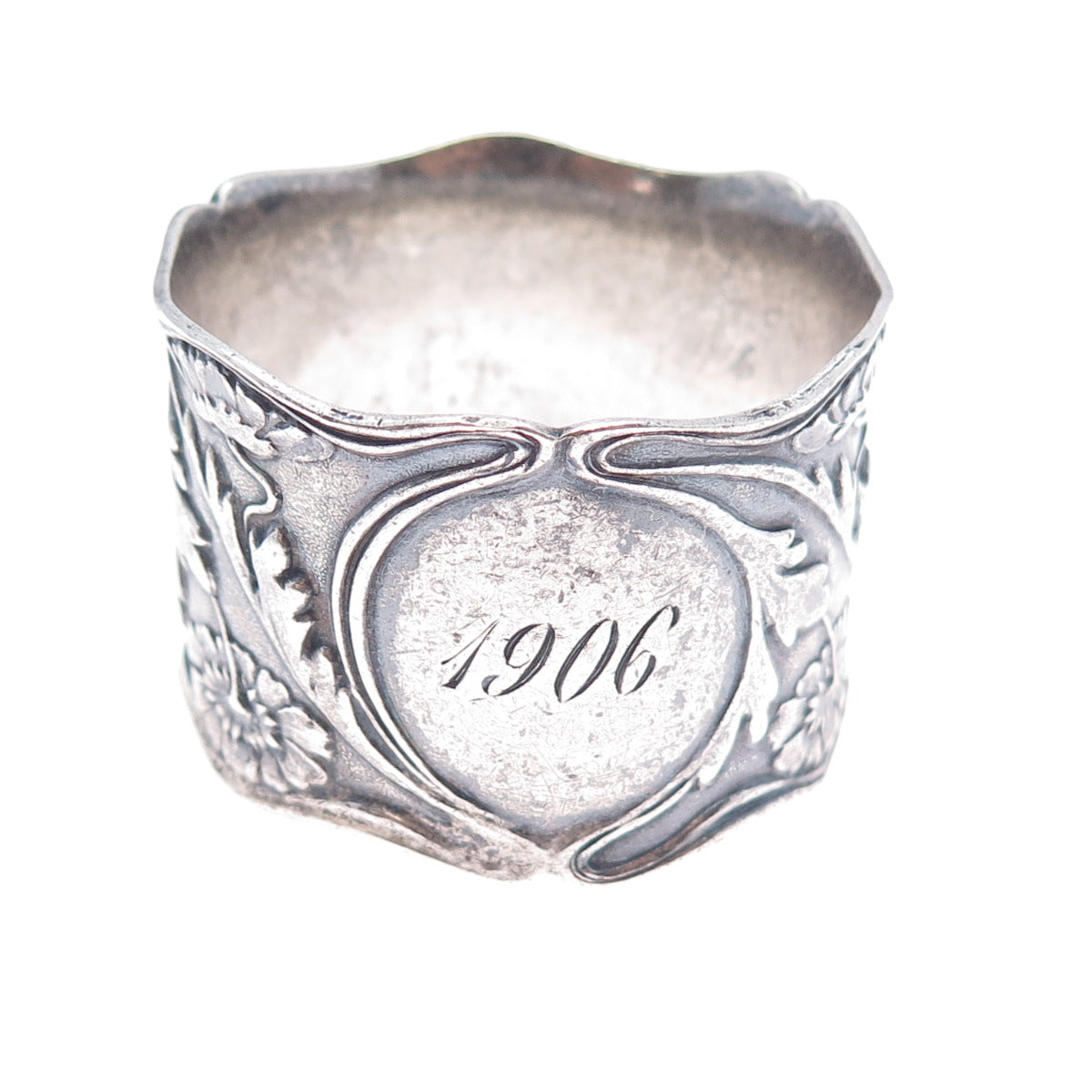 GORHAM Sterling Silver Antique 1906 Engraved Flower Oxidized Napkin Ring Holder