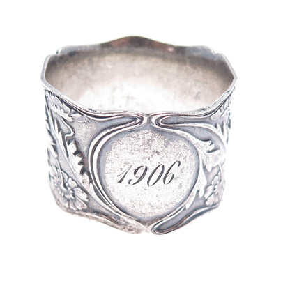GORHAM Sterling Silver Antique 1906 Engraved Flower Oxidized Napkin Ring Holder