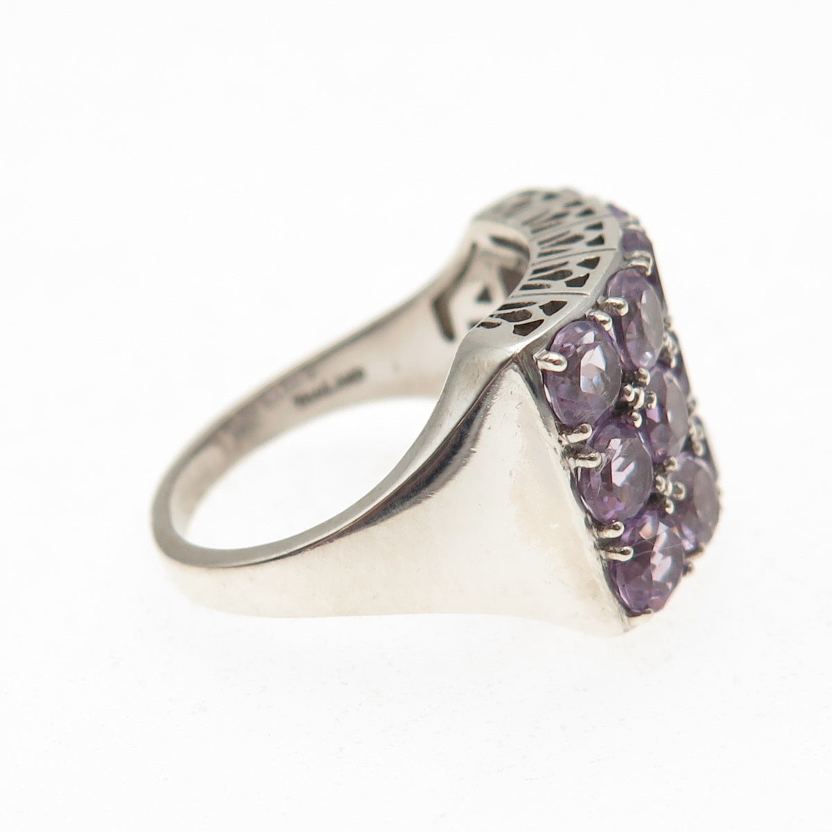 925 Sterling Silver Vintage Real Round-Cut Amethyst Cluster Ring Size 8