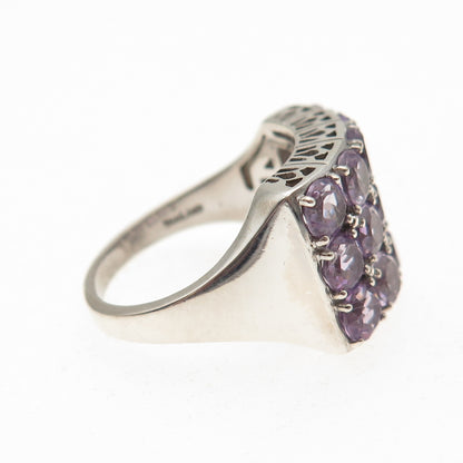 925 Sterling Silver Vintage Real Round-Cut Amethyst Cluster Ring Size 8