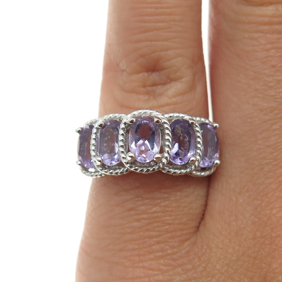 925 Sterling Silver Real Amethyst Gemstone Twisted Accent Ring Size 5