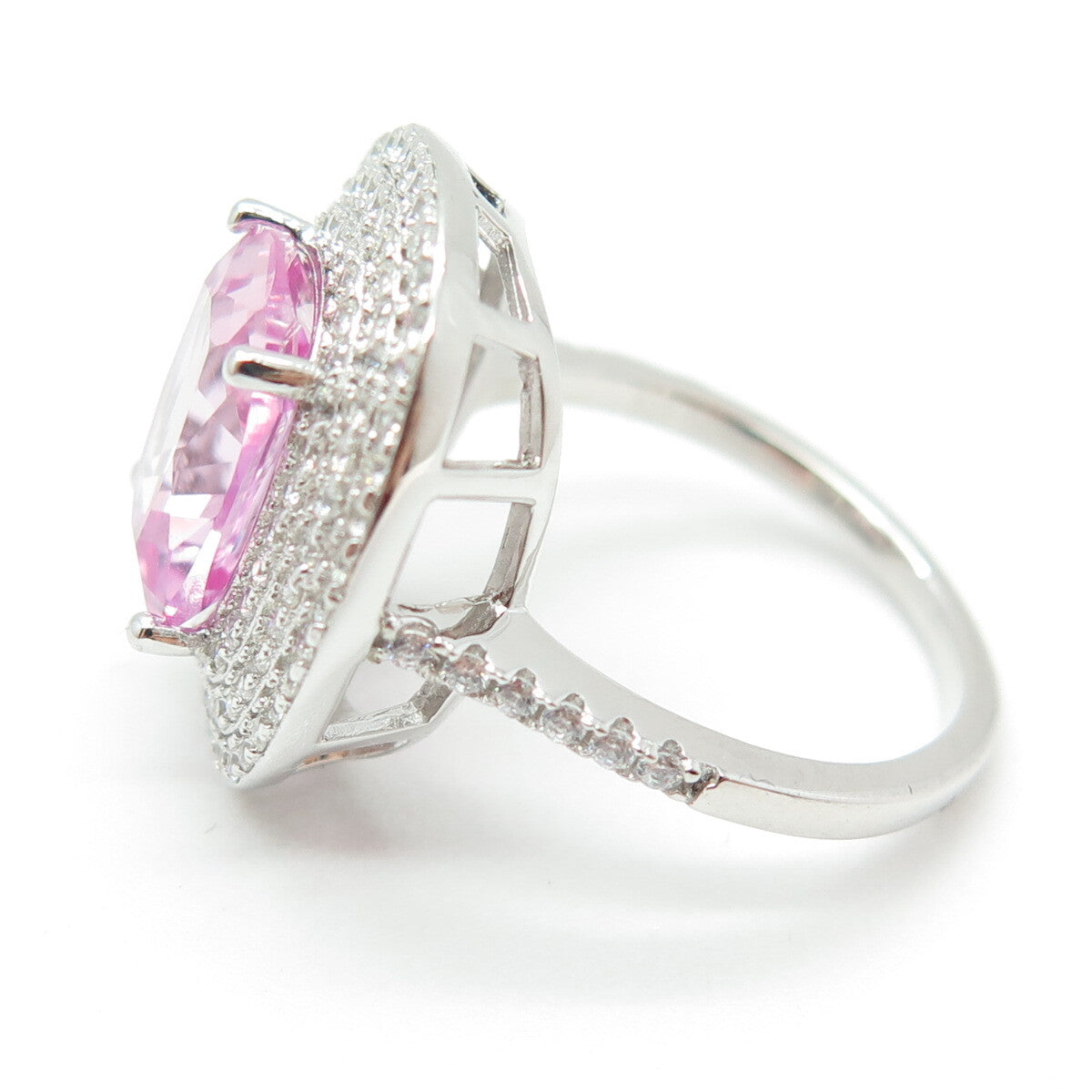 DSMK 925 Sterling Silver Lab-Created Pink Sapphire & C Z Ring Size 7.25