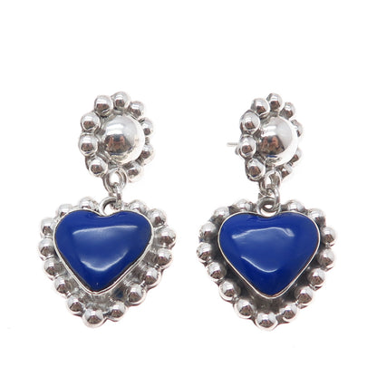 925 Sterling Silver Vintage Real Lapis Lazuli Heart Beaded Dangle Earrings