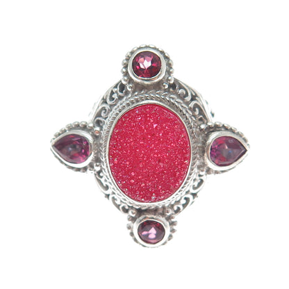 SARDA 925 Sterling Vintage Real Druzy Pink Topaz & Tourmaline Ring Size 5.25