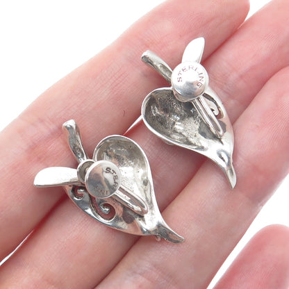 925 Sterling Silver Vintage Modernist Flower Heart Screw Back Earrings