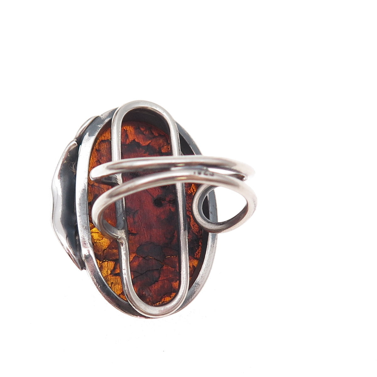925 Sterling Silver Vintage Real Amber Modernist Oxidized Ring Size 8.25