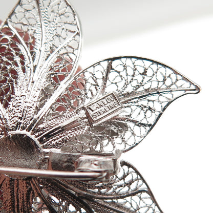Van Lou 925 Sterling Silver Vintage Enamel Floral Filigree Pin Brooch