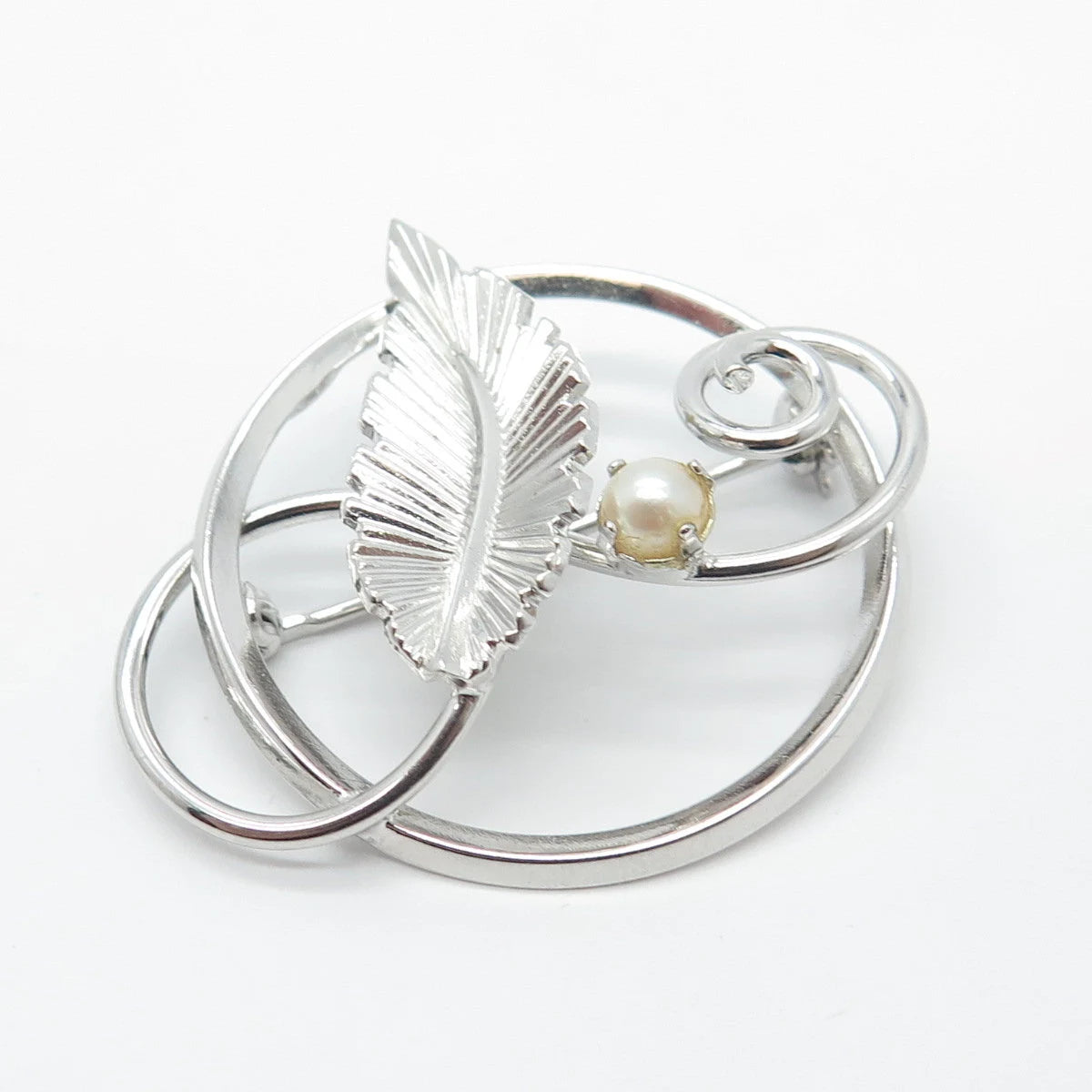 925 Sterling Silver Vintage DIXELL Real Pearl Leaf Pin Brooch