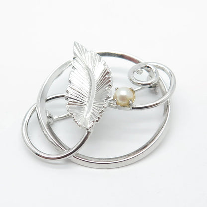 925 Sterling Silver Vintage DIXELL Real Pearl Leaf Pin Brooch
