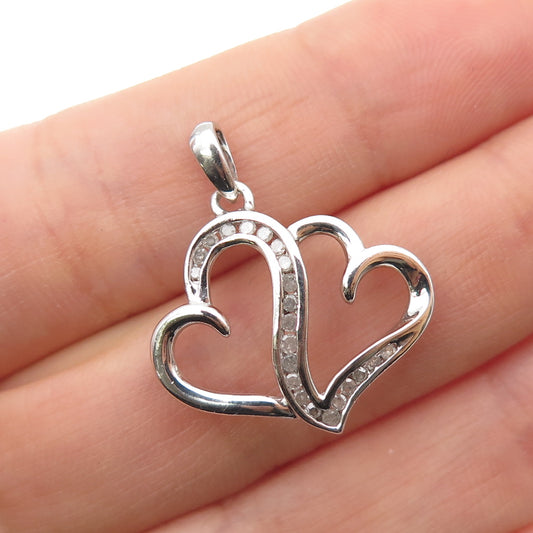 925 Sterling Silver Real Round-Cut Diamond Couple Heart Mini Charm Pendant