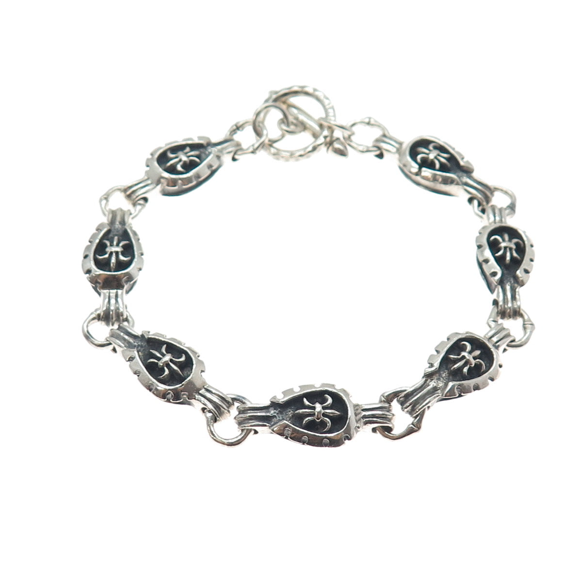 925 Sterling Silver Vintage Fleur de Lis Link Oxidized Bracelet 7.75"