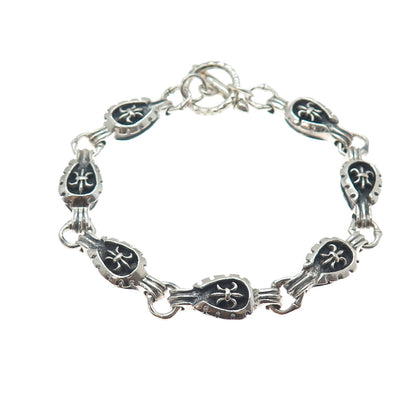 925 Sterling Silver Vintage Fleur de Lis Link Oxidized Bracelet 7.75"