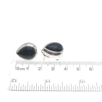 925 Sterling Silver Vintage Real Black Onyx Teardrop Omega Back Earrings