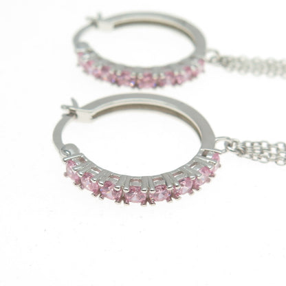 925 Sterling Silver Round-Cut Pink C Z Tassel Hoop Earrings