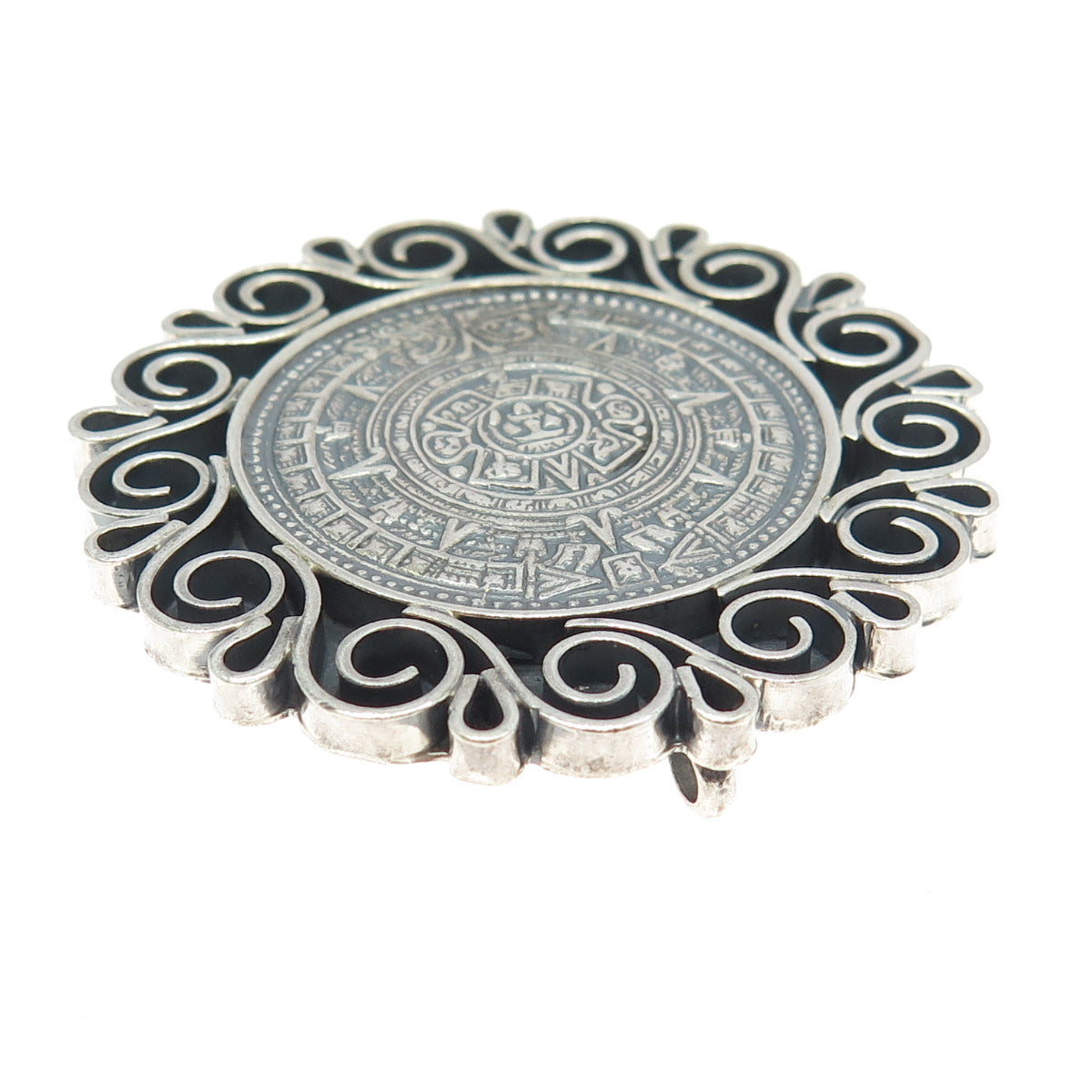 925 Sterling Silver Vintage Mexico Mayan Calendar Ornate Pin Brooch Pendant