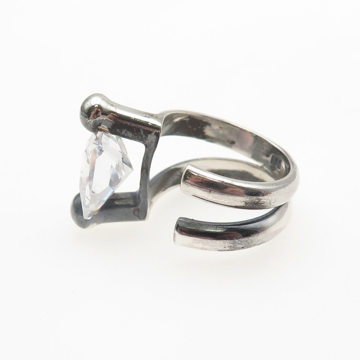 950 Silver Vintage Princess-Cut C Z Modernist Oxidized Adjustable Ring Size 8