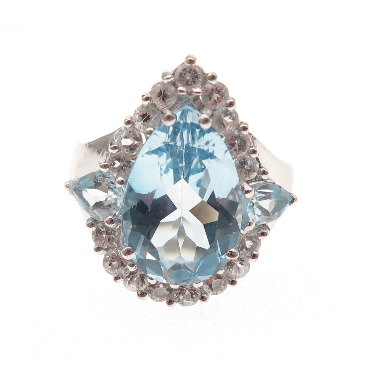 925 Sterling Silver Real Blue & White Topaz Teardrop Ring Size 7.25