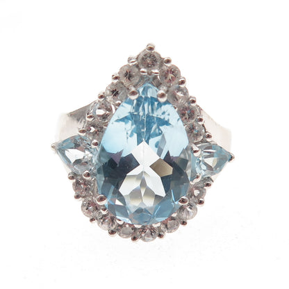 925 Sterling Silver Real Blue & White Topaz Teardrop Ring Size 7.25